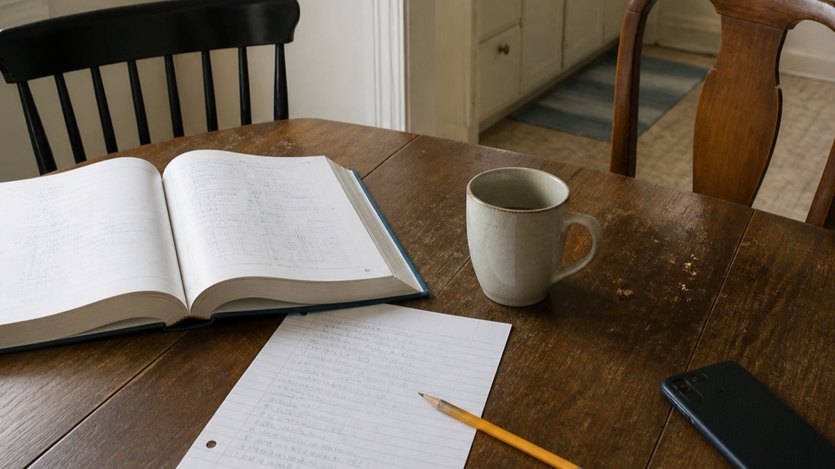 An open mathematics textbook, worked paper, pencil and mug on a worn kitchen table between two empty chairs.