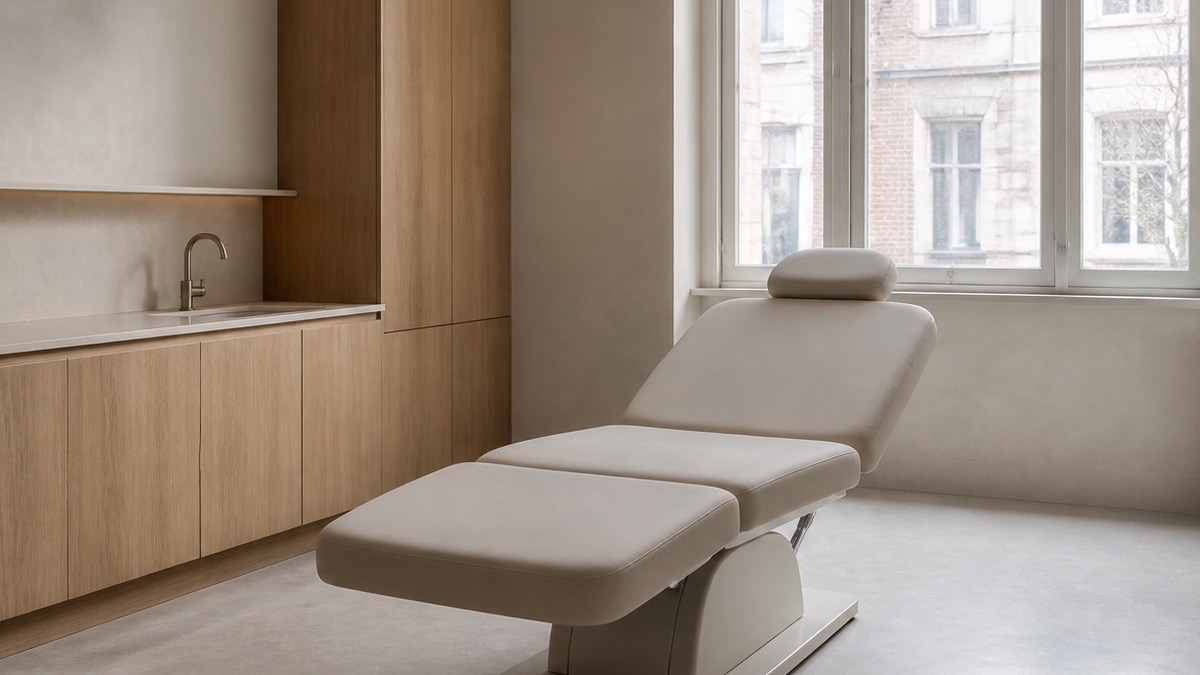 An empty pale-plaster treatment room with oak cabinetry and a light upholstered chair by a tall window.